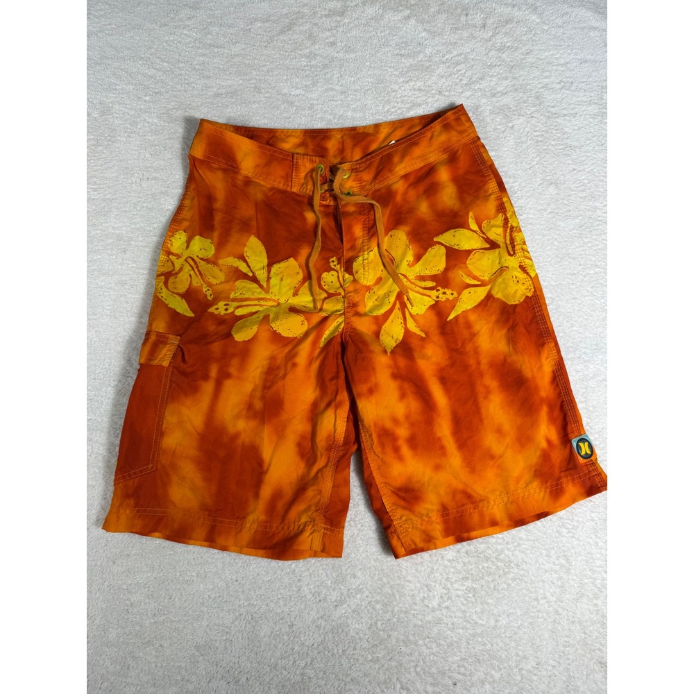 Hurley Board Shorts Men 32 Orange Yellow Y2K Tie Dye Hibiscus Surf Swim